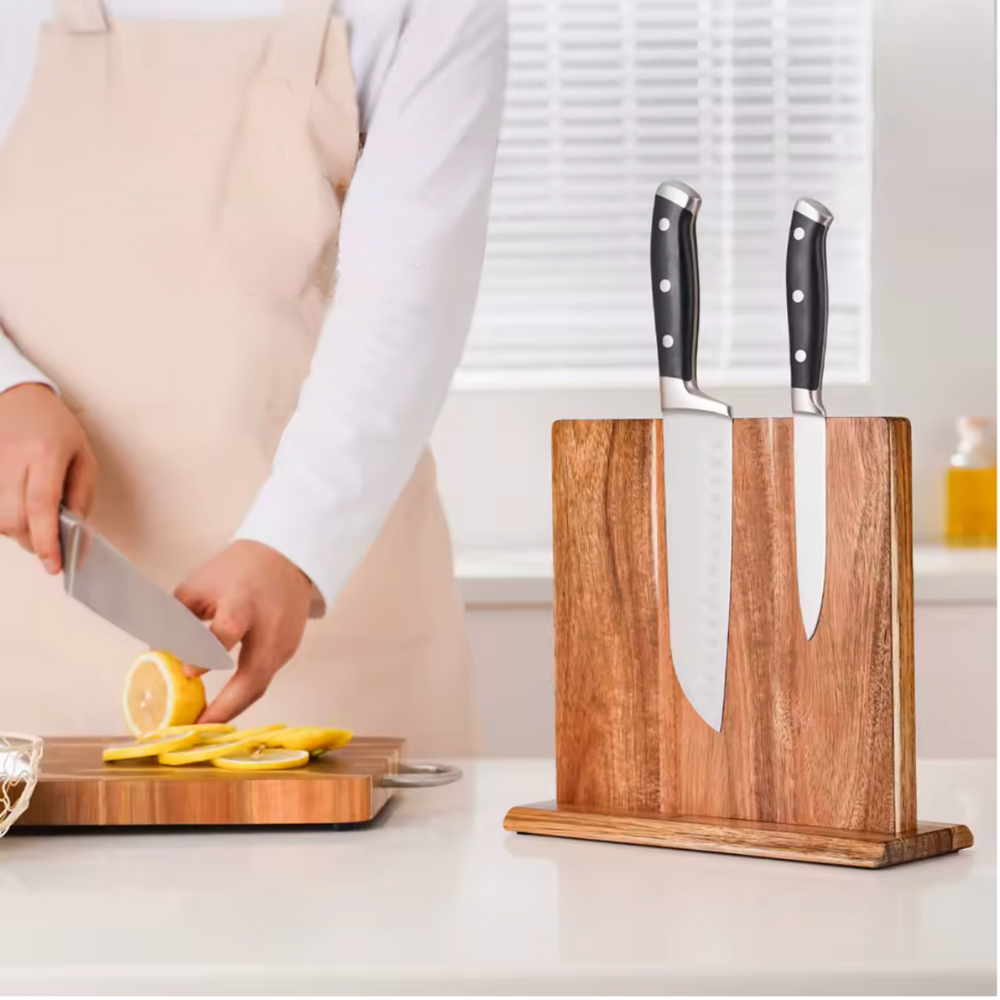 Porte-Couteaux magnétique double face – Bois d’acacia (25 × 23,5 × 10 cm)