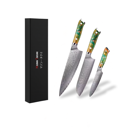 Coffret de 3 Couteaux de Cuisine Professionnels – Édition Kurohana Orange /Emeraude