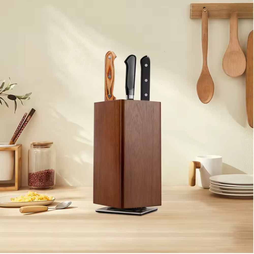 Bloc Porte-Couteaux Magnétique Rotatif – Bois d’acacia (11 × 11 × 24,6 cm)