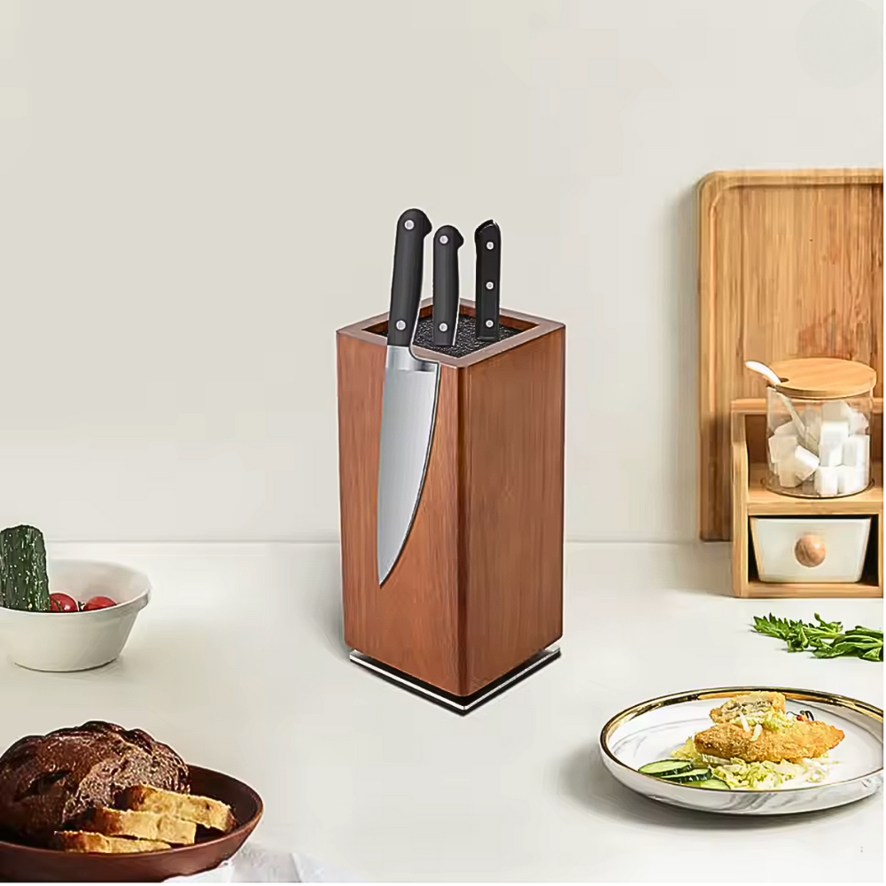 Bloc Porte-Couteaux Magnétique Rotatif – Bois d’acacia (11 × 11 × 24,6 cm)