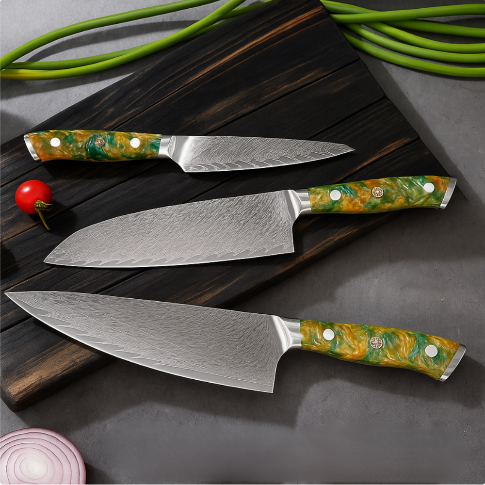 Coffret de 3 Couteaux de Cuisine Professionnels – Édition Kurohana Orange /Emeraude